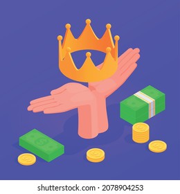 Business intelligence investments donations solutions crown in open palm symbol coins banknotes isometric background composition vector illustration