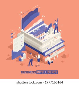 Business Intelligence Isometric Composition With Team Of Creative Young People Little Characters Near Stack Of Big Scientific Books Vector Illustration