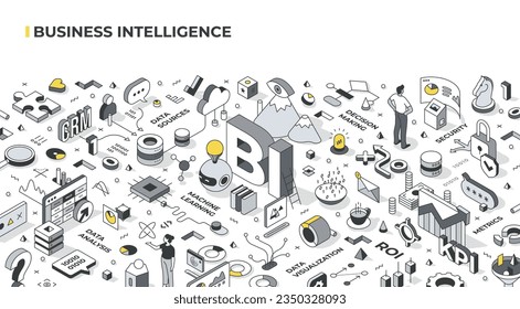 Business Intelligence isometrisches Konzept. Sammlung und Analyse von Daten, um Unternehmen bei strategischen Entscheidungen zu unterstützen