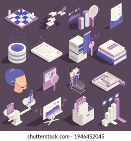 Business intelligence isometric icons set of business management financial planning marketing strategy isolated elements vector illustration