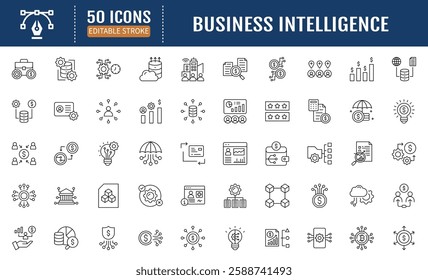 Business intelligence line editable icon set. Containing
technology, enterprise, data analysis, management,
reporting, mining and more. Vector Illustration