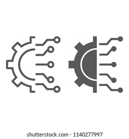 Business Intelligence line and glyph icon, data and analytics, cogwheel sign, vector graphics, a linear pattern on a white background, eps 10.