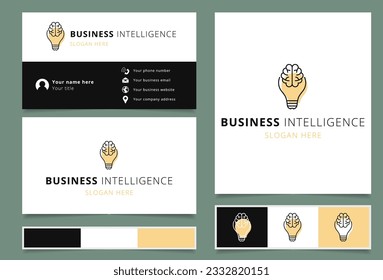 Diseño del logotipo de Business Intelligence con un lema editable. Libro de promoción de marca y plantilla de tarjeta de visita.