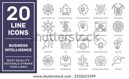 Business Intelligence and Management. Business Intelligence platform and tools. Vector Icons set. Editable Stroke. EPS 10