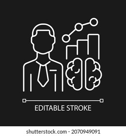 Business intelligence manager white linear icon for dark theme. Market and customer analyst. Thin line customizable illustration. Isolated vector contour symbol for night mode. Editable stroke