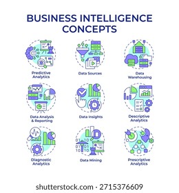 Ícones de conceito multi-cor do Business Intelligence. Informações sobre dados, análise de previsão. Pacote de ícones. Imagens vetoriais. Ilustrações de forma redonda para infográfico, apresentação. Ideia abstrata