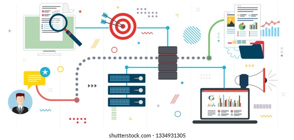 Business intelligence, network computers, cloud computing and data network. Laptop accessing server files in network. Flat design for web banner or infographic in vector illustration.