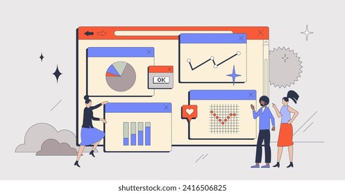 Business intelligence platforms for company data retro tiny person concept. Financial information research using web programs or tools with profit, revenue or database control vector illustration.