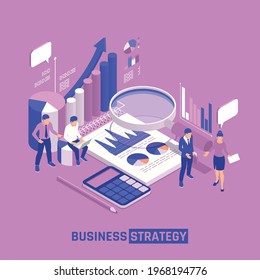 Business Intelligence Poster With Stationery Isometric Icons And Team Of Creative People Discussed Business Strategy Vector Illustration