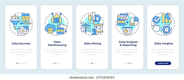 Procesos de Business intelligence incorporando la pantalla del App móvil. Instrucciones gráficas editables de 5 pasos con conceptos lineales. UI, UX, GUI
