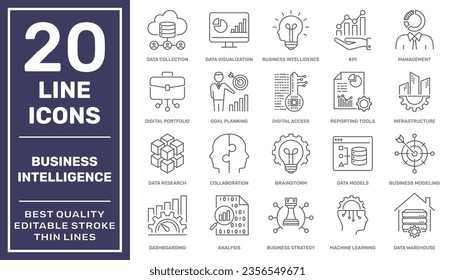 Iconos relacionados con la inteligencia de negocios. Iconos de BI. Reportaje, intercambio de ideas, gestión, análisis de datos, colaboración, investigación, visualización y otros. Stroke editable. EPS 10