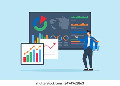 Business intelligence reporting, data visualization concept vector illustration. Analysts presenting insights via interactive dashboards