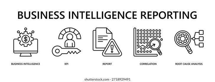 Business Intelligence Reporting Web Banner Icon Vector Illustration For Performance Monitoring And Strategic Evaluation Concept With Icons Of Business Intelligence, Kpi, Report, Correlation, Root Cause Analysis.