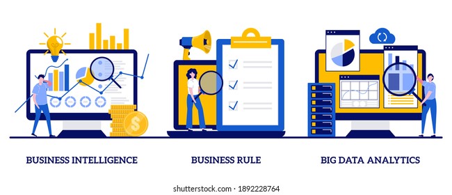 Business Intelligence, business rule, big data analytics concept with tiny people. Enterprise strategy development abstract vector illustration set. Application software, data management metaphor.