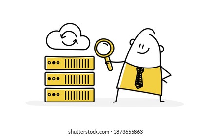 Business intelligence and business rules, big data analytics. Stickman with a magnifier. Vector illustration.