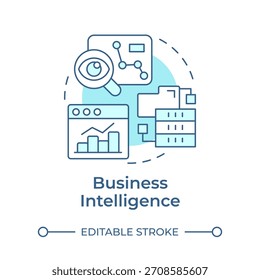 Icono de concepto azul suave de inteligencia empresarial. Evaluación de Productos, métricas estadísticas. Ilustración de línea de forma redonda. Abstractas idea. Diseño gráfico. Fácil de usar en infografía, presentación
