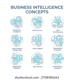 Iconos de concepto azul suave de inteligencia empresarial. Información de datos, análisis predictivo. Paquete de iconos. Imágenes vectoriales. Ilustraciones de forma redonda para infografía, presentación. idea Abstractas