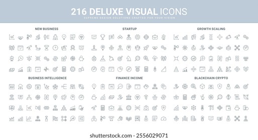 Business intelligence and startup development, scaling growth line icon set. Blockchain, crypto market development and fintech, managers thinking thin black outline symbols vector illustration