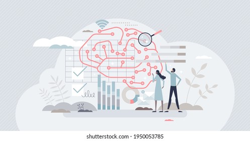 Business intelligence and successful corporate strategy tiny person concept. Company future forecasting and planning talent combined with financial knowledge and process management vector illustration