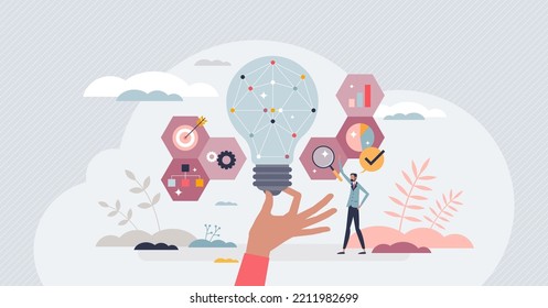 Business intelligence and successful strategy planning tiny person concept. Company development with correct decisions, precise information research and effective idea management vector illustration.