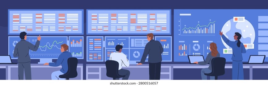 Business intelligence team. Real time analytics dashboards monitoring, data visualization, kpi tracking, reporting, operational decision support, garish vector cartoon flat style isolated concept
