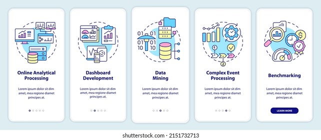 Business intelligence technologies onboarding mobile app screen. Walkthrough 5 steps graphic instructions pages with linear concepts. UI, UX, GUI template. Myriad Pro-Bold, Regular fonts used