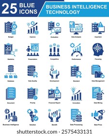 Business Intelligence Technology Advancement Icon Set Collection. Containing Budget, Improve, Evaluation, Data Analysis, Statistics, Performance, Financial Report. Simple Blue Vector Illustration.