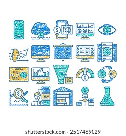 business intelligence technology doodle icons set vector. sketch line art business intelligence analysis and analytics chart and infographic, digital strategy and science, trade contour illustrations