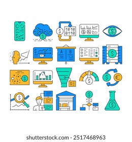 Business Intelligence Technology Icons Set Vector. Business Intelligence Analysis And Analytics Chart And Infographic, Digital Strategy And Science, Trade Market Research Contour Illustrations