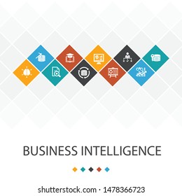 Business intelligence trendy UI template infographics concept. data mining, knowledge, visualization, decision icons