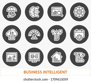 Business Intelligence vector icon. Set of machine learning, science, risk management, analysis and more. Round buttons.