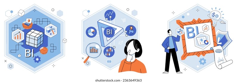 Business intelligence. Vector illustration Infographics present information in visually engaging manner Research informs business decisions and strategy development People are at heart successful