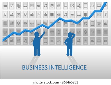 Business Intelligence vector illustration. Business people analyzing positive chart with various data items (OLAP, ETL, structured data, unstructured data) in the background.