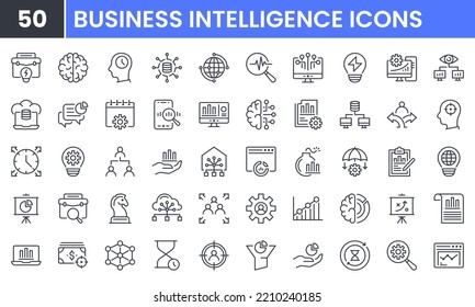 Business Intelligence vector line icon set. Contains linear outline icons like Data Visualization, Data Management and Analysis, Analytic Service, Risk Management, Strategy. Editable use and stroke.