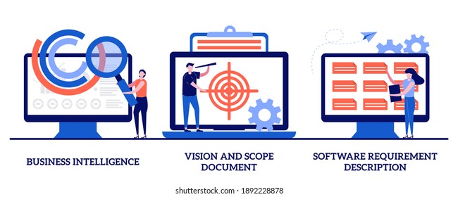 Business intelligence, vision and scope document, software requirement description concept with tiny people. Company activity stats abstract vector illustration set. Paperwork optimization metaphor.