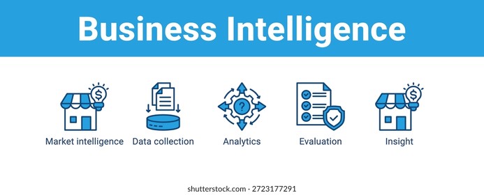 Business Intelligence web banner ícone vetor ilustração conceito , com ícone de inteligência de mercado, coleta de dados, analítica.