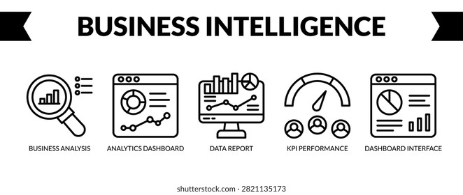 Business Intelligence web banner icon vector illustration concept with icons of business analysis, analytics dashboard, data report, KPI performance, and dashboard interface.