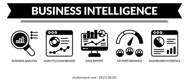 Business Intelligence web banner icon vector illustration concept with icons of business analysis, analytics dashboard, data report, KPI performance, and dashboard interface.