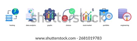 Business Intelligence web banner icon vector illustration featuring Hosting, Data Analytics, Graphs, Choices, Stock Market, Portfolio, and Engineering.