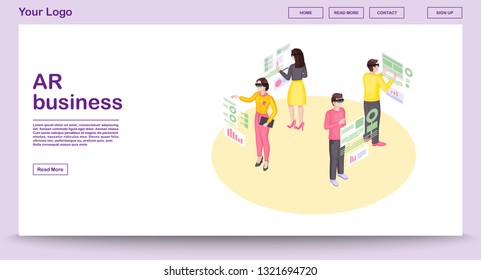 Business intelligence web page vector template with isometric illustration. Website interface design. Business analytics, metrics. Augmented reality 3d concept. People in VR headsets clipart