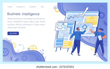 Plantilla de página de inicio del sitio web de inteligencia empresarial. Las personas trabajan con tecnologías para el desarrollo empresarial. Los colegas analizan indicadores estadísticos, datos financieros. Trabajo exitoso con el proyecto