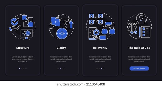 Business interaction essentials night mode onboarding mobile app screen. Walkthrough 4 steps graphic instructions pages with linear concepts. UI, UX, GUI template. Myriad Pro-Bold, Regular fonts used