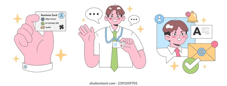 Conjunto de interacciones empresariales. Mano con tarjeta de visita, información de uso compartido de médicos, alertas de notificación. Conversaciones y redes. Comunicación digital. Ilustración vectorial plana