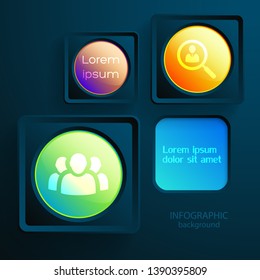 Business interface infographic design concept with colorful light web buttons and icons on dark background vector illustration