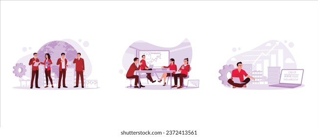 Business internationally. Meeting in the office. Viewing market trading charts. Company concept. Set Trend Modern vector flat illustration