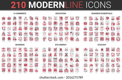 Business internet commerce technology, sustainable resource and eco energy ecology thin red black line icon vector illustration set. Linear economics, ecosystem global innovation, education collection