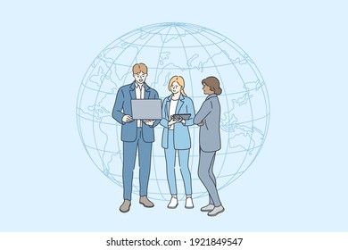 Business internet connection concept. Group of young smiling business people standing with laptop over planet hologram discussing projects together in team vector illustration 