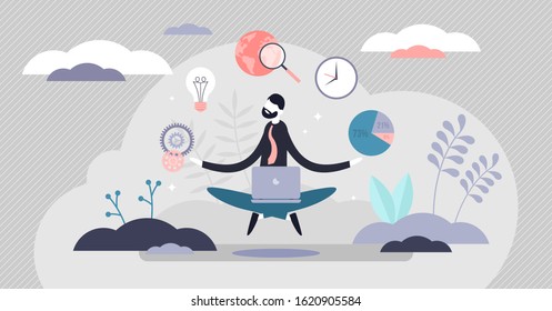 Business internet guru concept, flat tiny person vector illustration. Work stress balance and financial freedom. Business man meditating in yoga lotus pose with computer and managing symbolic aspects.