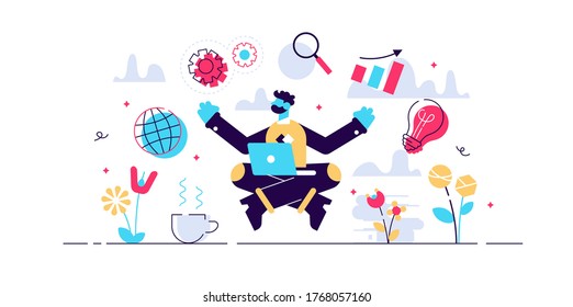 Business internet guru concept, flat tiny person vector illustration. Work stress balance and financial freedom. Business man meditating in yoga lotus pose with computer and managing symbolic aspects.