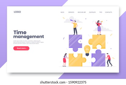 Business internet landing page concept template. Creative business people with big jigsaw puzzle pieces. Teamwork, time management concept flat style design vector illustration isolated on background.